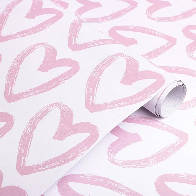 Timeet 17.7In x 196.8In Pink Wallpaper Heart Wall Paper Peel and Stick Modern Self Adhesive Removable Contact Paper Cabinets Wallpaper for Bedroom Kids Room Eco-Friendly Wallpapers