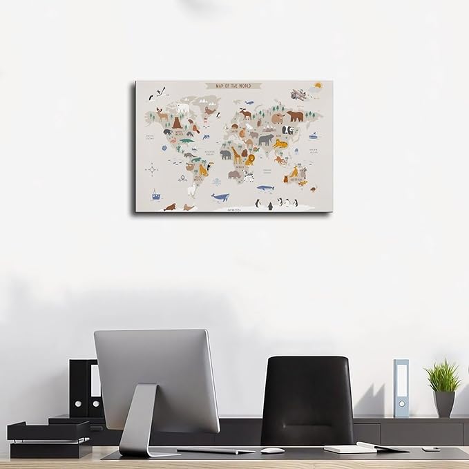 KIPNG Kids World Map - Playroom Animal World Map - Nursery Educational Poster Canvas Poster Wall Art Picture Paintings for Living Room Bedroom Decoration Unframe-style08x12inch(20x30cm)