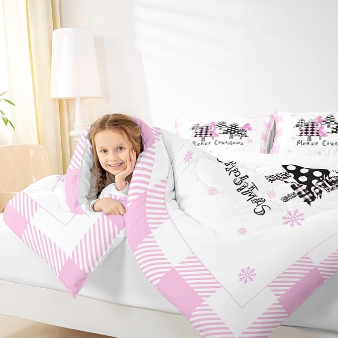 Manfei Xmas Trees Comforter Set Twin Size, Pink Plaid Grid Snowflake Down Comforter with 1 Pillowcase, Christmas Theme Bedding Set 2pcs for Kids Girls Adults Room Decor New Year Duvet Insert