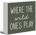 Where The Wild Ones Play Green Wood Box Sign Desk Decor 5X5, Nursery Kids Room Wooden Block Sign Decorations for Playroom Toddler Boys Girls Room Wall Tabletop Shelf Decor