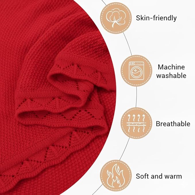 Baby Knit Blanket Soft Breathable Cotton Scallop Border Blankets Newborn Knitted Blanket Swaddle Blankets Gifts for Baby Newborn Toddler Shower Boy Girl New Mom Birthday Christmas Red 30x40