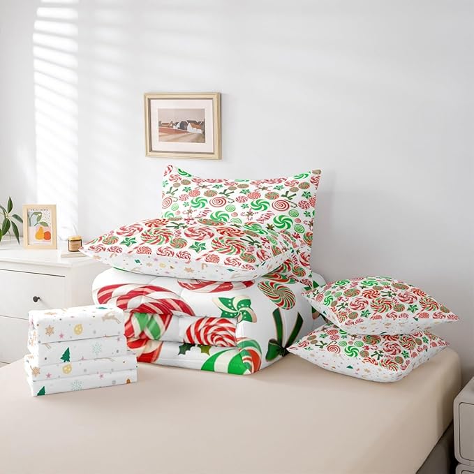 Christmas Candy Comforter Set With Sheets 7 Piece King Size Cute Bow Bed in a Bag Kids Boys Girls Red and Green Sweet Bedding Set Reversible Xmas Decor Bedroom Decor Breathable Soft Lightweight
