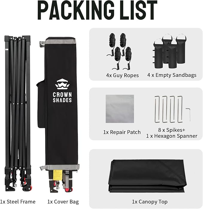 CROWN SHADES 10x10 Pop Up Canopy Tent - Patented Center Lock One Push Instant Outdoor Canopy Beach Tent with STO-N-Go Bag 8 Stakes & 4 Sand Bags，Black