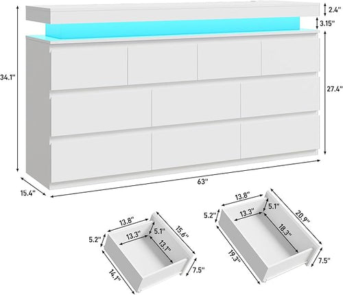 10 Drawer Dresser for Bedroom, 63“ Wide 34” Tall Drawer Organizer Cabinet with LED Light and Charge Station, Modern Chest of Drawers for Closet, Living Room, Entryway, Hallway (White, 10 Drawers)