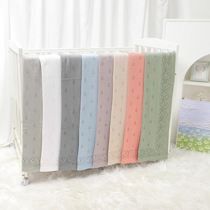 LAWKUL Cellular Blanket Baby 100% Cotton Knitted Soft Knit Crochet Blankets for Newborn Boy Girls Infants Green 100x80cm