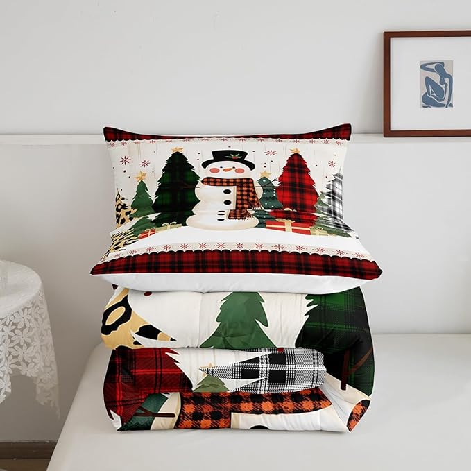 Manfei Snowman Comforter Set Queen Size, Xmas Leopard Plaid Trees Snowflake Down Comforter with 2 Pillowcases, Christmas Theme Bedding Set 3pcs for Kids Girl Bedroom Decor New Year Duvet Insert