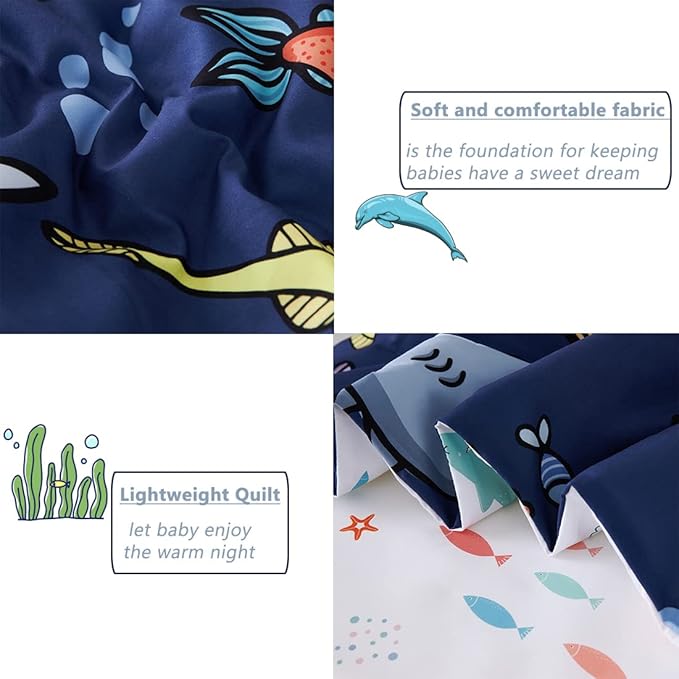 PERFEMET 4 Pieces Toddler Bedding Ocean Animal Printed Toddler Comforter Set Reversible Lightweight Cartoon Bed in A Bag for Toddler Boys Girls(Navy Blue, Sharks/Dolphins/Fish)