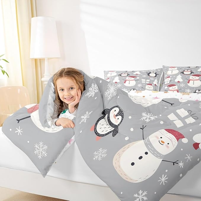 Feelyou Christmas Comforter Set Toddler Size Snowman Snowflake Bedding Set for Kids Boys Girls Penguin Duvet Quilt New Year Gift Bedroom Decor Microfiber 2 Pcs with 1 Pillow Cases