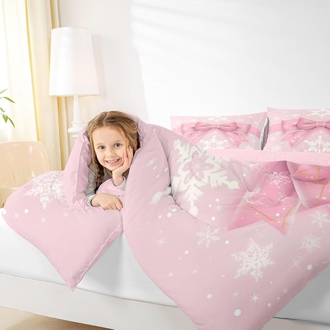 Feelyou Pink Bow Comforter Set All Season Coquette Bow Knot Bedding Set with 1 Pillow Cases Xmas Snowflake Kids Toddler Bedclothes Cute Dreamy Princess Style Decor Christmas Duvet Quilt Soft