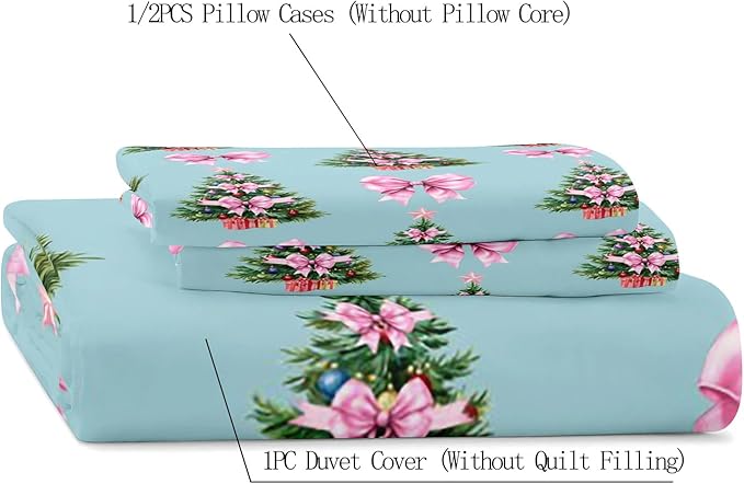 LUVIVIHOME 3PCS Pink Bow Christmas Tree Duvet Cover Full Bedding Set, Teen Girl Bedding, Blue Duvet Cover, Winter Holiday Kids Christmas Comforter Cover, Coquette Room Decor Aesthetic, 2 Pillow Cases