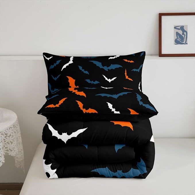 Erosebridal Bat Bedding Set for Kids Adults Boys Girls Happy Halloween Comforter Set Full Size Gothic Spooky Quilt Orange Bats Duvet Insert with 2 Pillow Cases