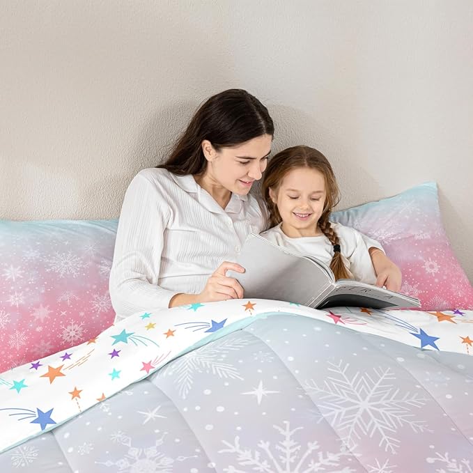 Feelyou Christmas Comforter Set King Size Winter Snowflake Bedding Set for Kids Boys Girls Blue Pink Gradient Duvet Quilt Bedroom Decor Microfiber 3 Pcs with 2 Pillow Cases