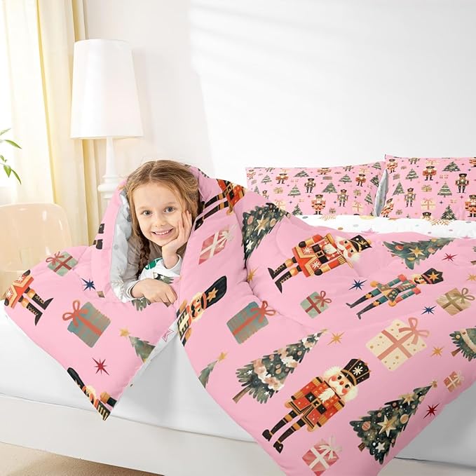 jejeloiu Xmas Nutcracker Comforter Set Toddler Size Christmas Pink Bedding Set for Kids Boys Girls Cute Snowflakes Duvet Quilt Bedroom Decor
