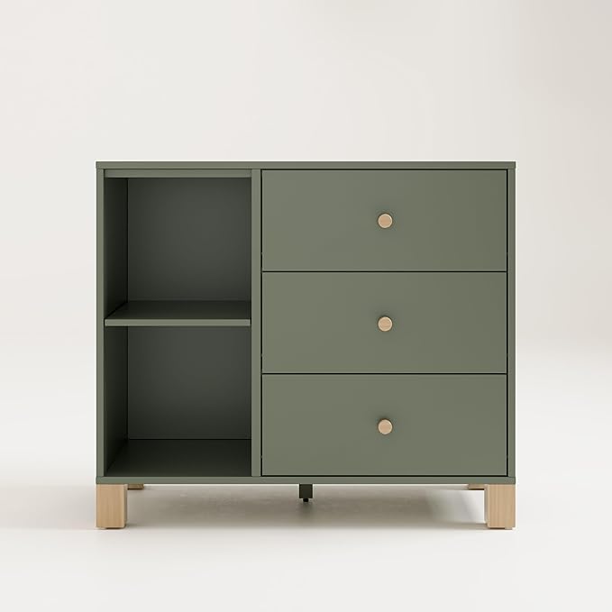 Storkcraft California 3 Drawer Combo Dresser (Olive with Driftwood) – GREENGUARD Gold Certified, Interlocking Drawer System, Pre-Installed Drawer Tracks for Easier Assembly, Spacious Cabinet