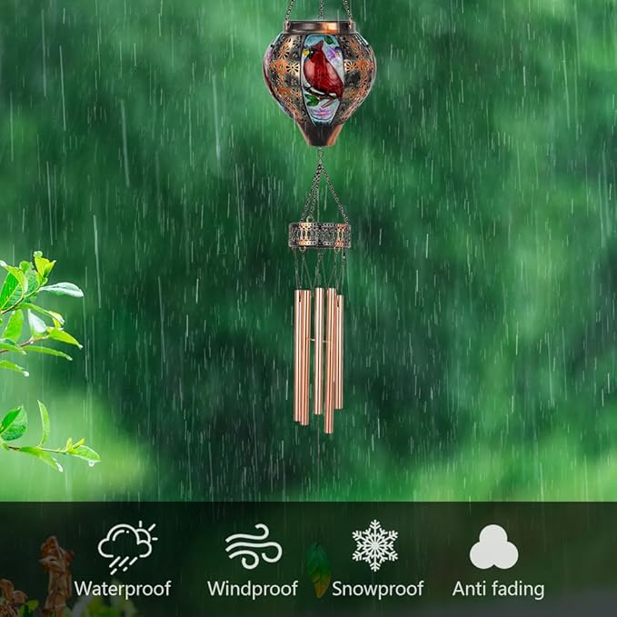 Starsoul Solar Wind Chimes for Outside, Cardinal Hot Air Balloon with Flickering Flame Solar Wind Chime, Glass Windchimes Outdoors Garden Decor, Gift for Mother's Day Mom Grandma