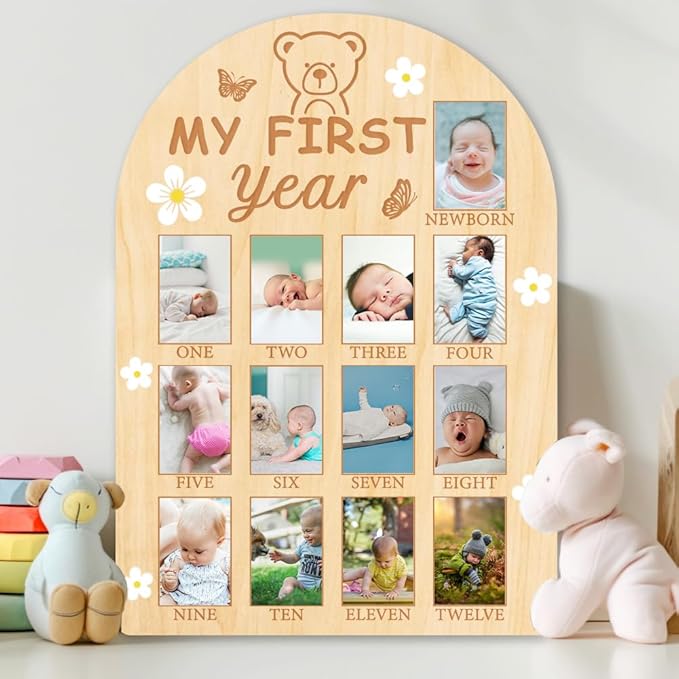 ORIGACH My First Year Baby Growth Photo Display Wood Board - 12 Months Newborn Milestones Photo Board - Neutral Baby Keepsake Frame 1st Birthday Party Nursery Decor New Mom Gift - Bear