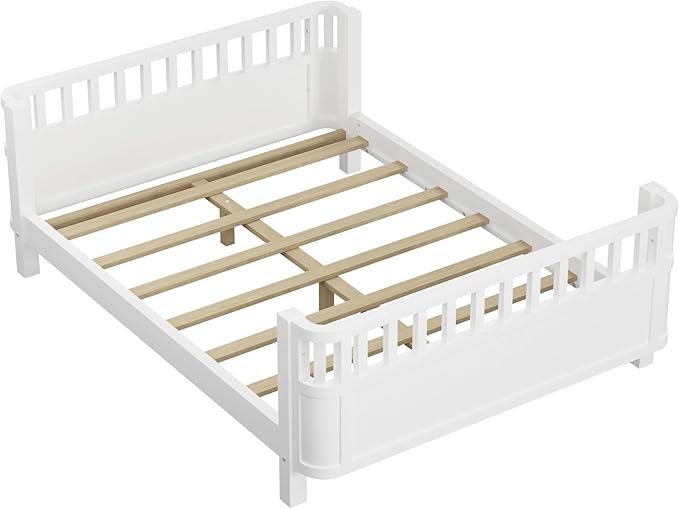 Full Kids Floor Bed Frame with Rails, Wood Low Montessori Platform Bed with Slats Support, Modern Daybed with Detachable Side Rails, Space Saving Kids Beds for Boys Girls Bedroom, White