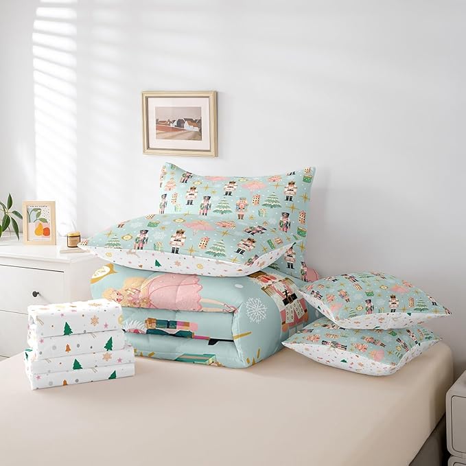 Erosebridal 7Pcs Green Christmas Comforter Set Full,Xmas Tree Nutcracker Bedding Set,Pink Princess Bed in A Bag for Girls Women,Winter Xmas Holiday Christmas Ornaments Quilt with Flat Fitted Sheet