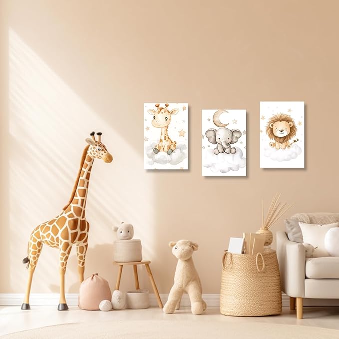 DOARTDO Nursery Animal Canvas Wall Art Baby Animal Pictures 3 Pieces Cute Elephant Lion Giraffe Print Painting Kids Room Nursery Decor Frame (12x16inchx3Pcs)