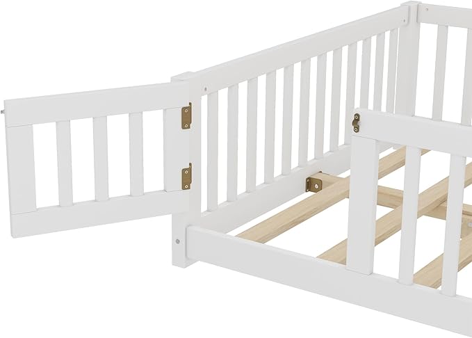 Harper & Bright Designs Full Floor Bed with Safety High Fence, Wood Montessori Bed with Door, Full Size Floor Beds with Solid Wood Support Slats for Boys, Girls, Kids, White