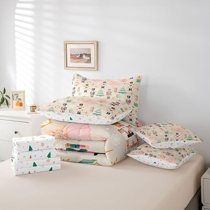 Erosebridal 7Pcs Beige Christmas Comforter Set King Size,Princess Nutcracker Bedding Set,Xmas Tree Snow Bed in A Bag for Kids Boys Girls,Starry Sky Christmas Decoration Quilt with Flat Fitted Sheet