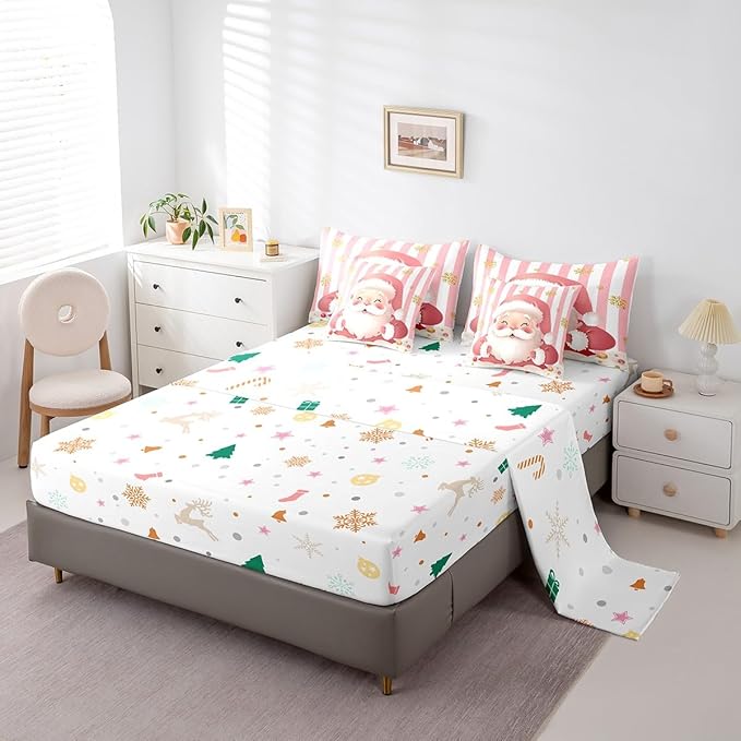 Feelyou Merry Christmas Decorations King Size Bed Set Santa Claus Bed in a Bag Pink Bedding Set Soft Warm Lightweight Comforter Set with Sheets