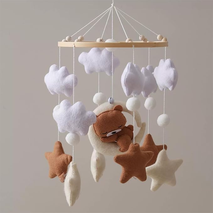 Baby Crib Mobile - Sleeping Bear Mobile for Crib, Felt Cloud Stars Nursery for Boys and Girls, Baby Nursery Hanging Decor (A)
