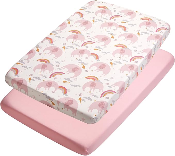 TILLYOU Mini Crib Fitted Sheets - Soft Knit Sheet for Pack N Play, Microfiber Mini Crib Sheets, 38 x 24 Playpen Bedding Sheet for Baby 2 Pack, Machine Washable, Rainbow Elephant