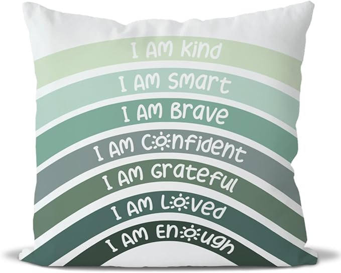 QIYUHOY Boho Sage Eucalyptus Green Rainbow Classroom Throw Pillow Covers, Olive Green Pillow Cover, Book Center Calming Corner Playroom Decor Pillow Case,I Am Kind Smart Brave Confidence,20x20 Inch