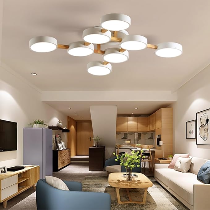 LED Flush Mount Ceiling Light Fixture with 3000K/4000K/6000K Temperatures Selectable,44Inch 96W Chandelier Modern Wood Ceiling Lamp for Bedroom Kitchen, 8-Lights Indoor Lighting White Pendant Light