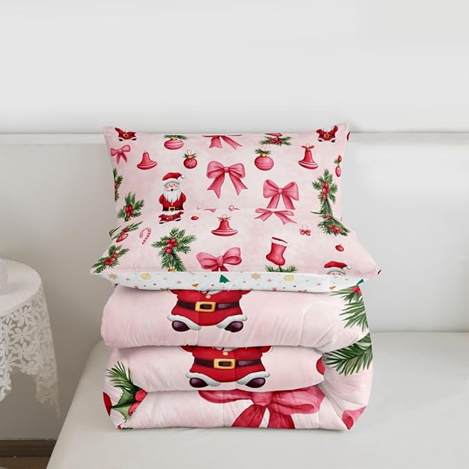 Feelyou Santa Claus Bedding Set Soft for Boys Girls, Pink Bow Comforter Set Full Size Christmas Ornament Duvet Quilt Microfiber Candy Cane Bedroom Decor Holly Berry 3 Pcs with 2 Pillow Cases