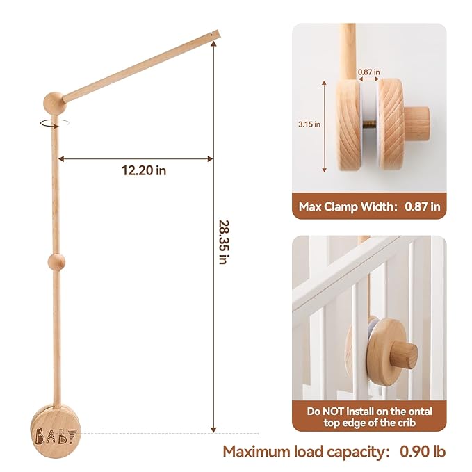 Baby Crib Mobile Arm Wooden Holder 30 inch Beech Hangers with Rotating Music Box Nursery Decor Attachment Safe Anti Slip Set