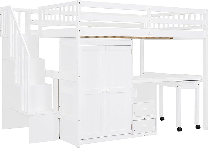 Merax Kids Full Multifunction Loft Bed with Desk/Wardrobe, Wood Storage Loft Bed with Staircase, Bookshelf & Drawers, No Box Spring Needed, Space Saving, White