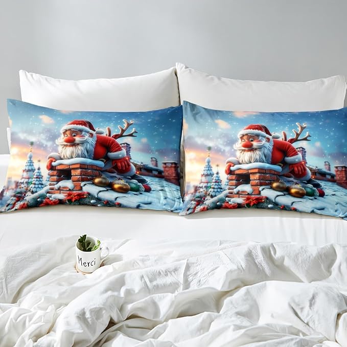 Cute Santa Claus Duvet Cover Set Queen Size,Winter Snow Cabin Rustic Farmhouse Bedding Set,Boys Girls Room Decor,Xmas Tree Merry Christmas Comforter Cover,White Quilt Cover,2 Pillowcases,No Comforter