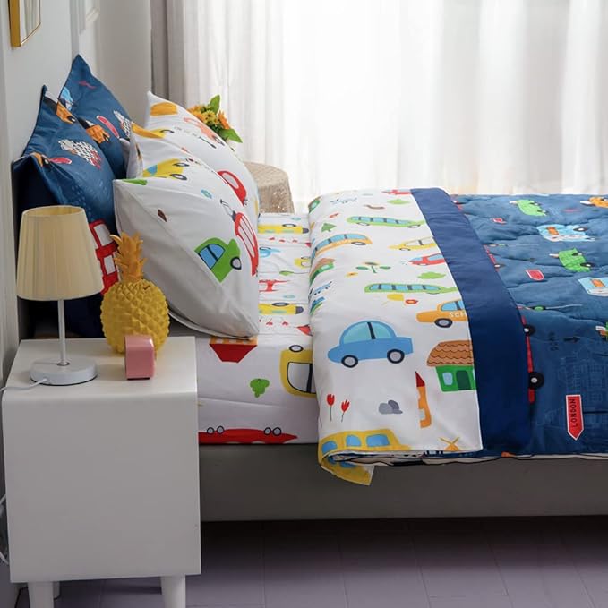 Wajade Cartoon Cars Comforter Set Bed in A Bag Twin Size Colorful Cars Bus Van Traffic Lights Bedding Set for Boys Kids (1 Comforter, 1 Flat Sheet, 1 Fitted Sheet, 2 Pillowcase and 2 Pillow Sham)