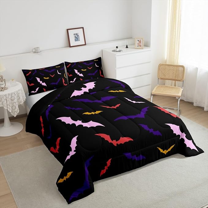 Erosebridal Bat Bedding Set King Size for Kids Children Happy Halloween Comforter Set Flying Bat Quilt Gothic Spooky Down Comforter with 2 Pillow Cases,Purple and Pink