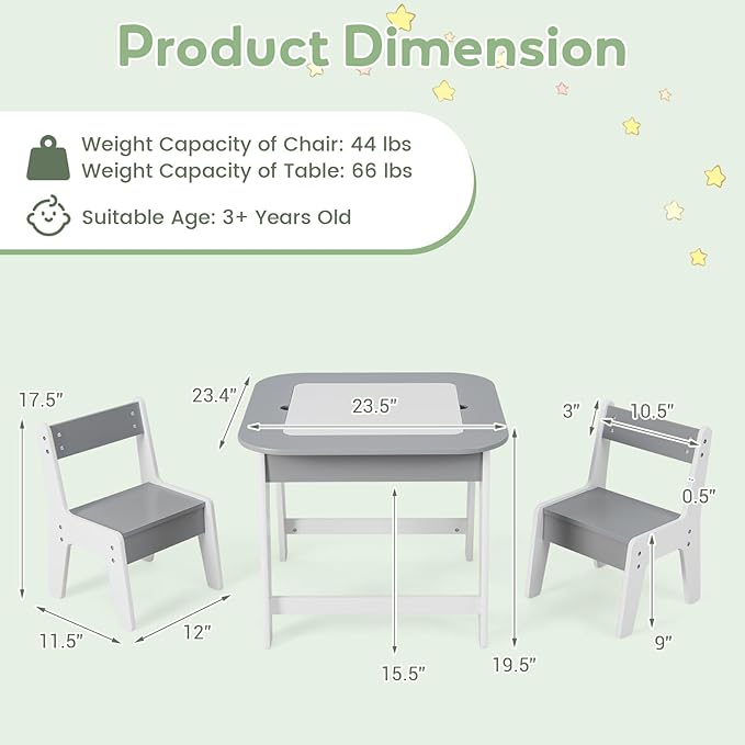 INFANS Kids Table and Chair Set, 3 in 1 Wooden Activity Table with Removable Tabletop, Blackboard and Whiteboard for Toddlers Arts Crafts Drawing Reading Playing, Playroom Nursery (Grey)