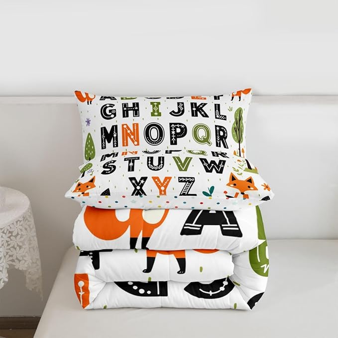 Feelyou Educational Nursery Art Comforter Set Twin Size Alphabet Kids ABC Learning Bedding Set for Kids Boys Girls Cute Fox Duvet Quilt Woodland Animals Bedroom Decor 2 Pcs with 1 Pillow Cases