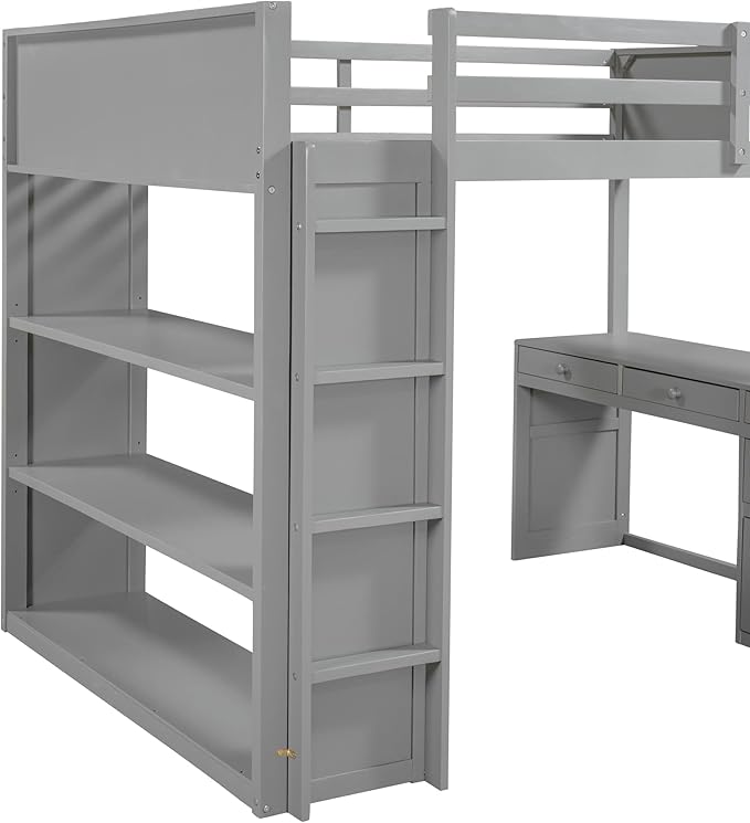 CITYLIGHT Full Loft Bed with Desk and Shelves,Wooden Full Size Loft Bed with Desk and Storage Drawers, Space Saving Loft Bed Full for Kids Girls Boys (Full,Grey)