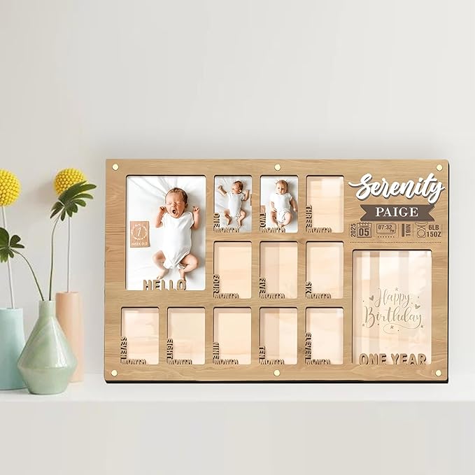 First Year Photo Board – 12 Months Baby Picture Frame, My First Year Wooden Photo Display, Holds Two 4x6 Photos and Twelve 2x3 Pictures, Nursery Wall Frame Décor