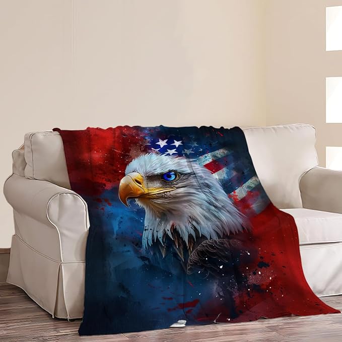 American Flag Bald Eagle Throw Blanket Patriotic Print Blankets Gifts Couch Sofa Bed Stuff Decor Soft Cozy Fleece Plush Flannel Bedding for Lover Men Women Adults 60"x80"