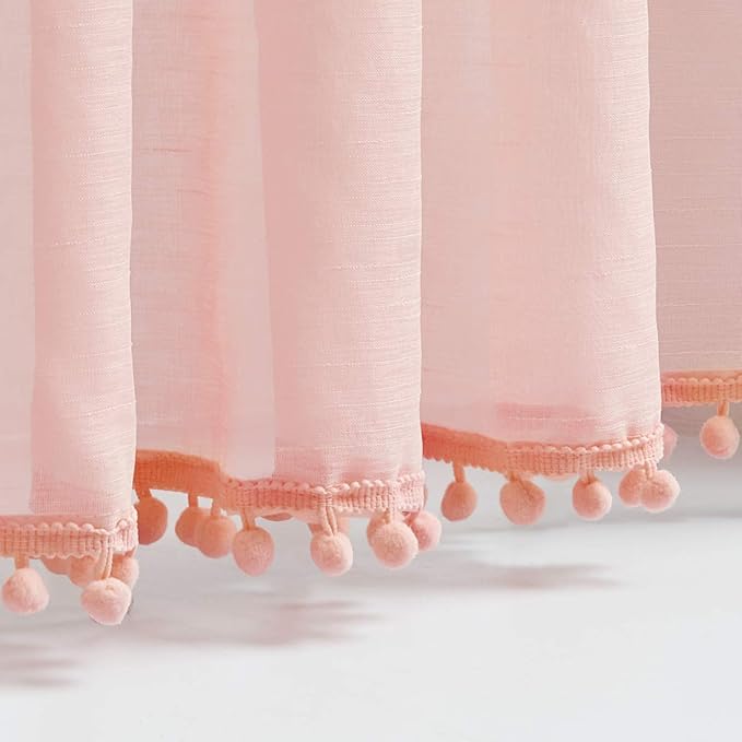 Treatmentex Blush Pink Pompom Sheer Curtains for Bedroom 84" Linen Textured Window Drapes for Living Room Kids Room 2 Panels 52" w