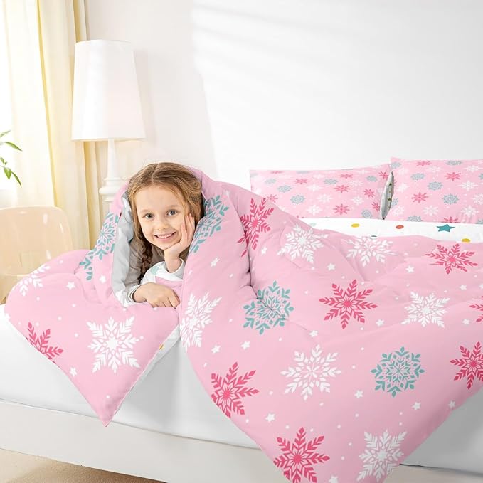 Feelyou Winter Snowflakes Bedding Set Soft for Boys Girls, Winter Holiday Comforter Set Twin Size Frozen Snowflake Duvet Quilt Microfiber Pink Bedroom Decor 2 Pcs with 1 Pillow Cases