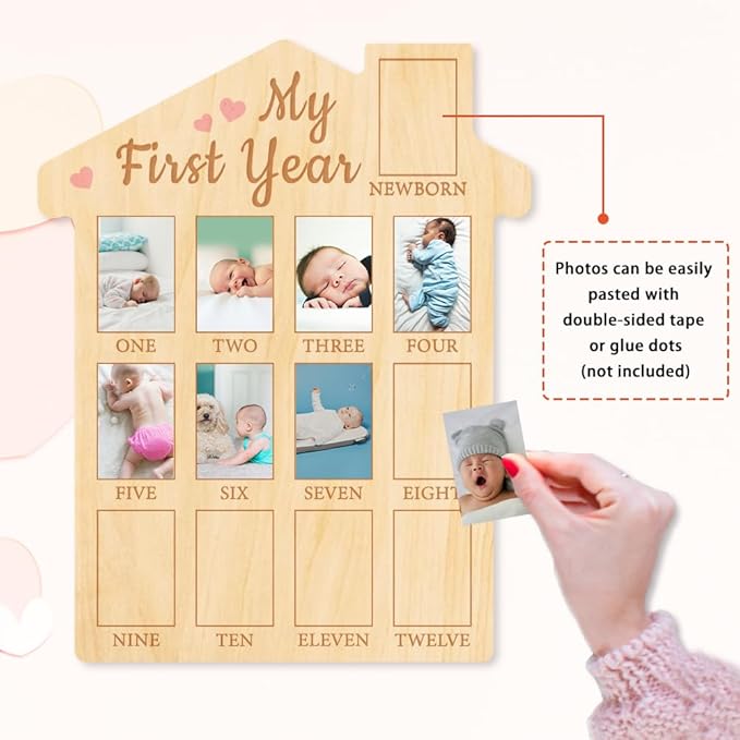 ORIGACH My First Year Baby Growth Photo Display Wood Board - 12 Months Newborn Milestones Photo Board - Neutral Baby Keepsake Frame 1st Birthday Party Nursery Decor New Mom Gift - Pink Heart