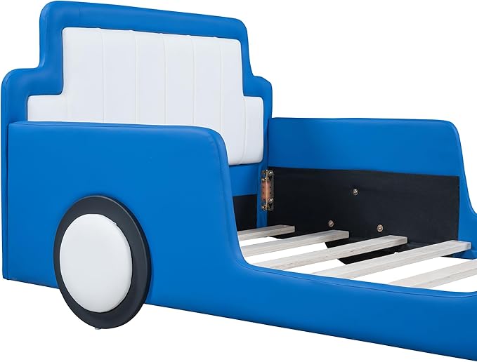 Twin Size Race Car-Shaped Platform Bed with Wheels, Unique Design Floor Bed with PU Leather Headboard and Safety Guardrails, Wood Slat Support for Kids,Boys,Girls (Blue-100A)