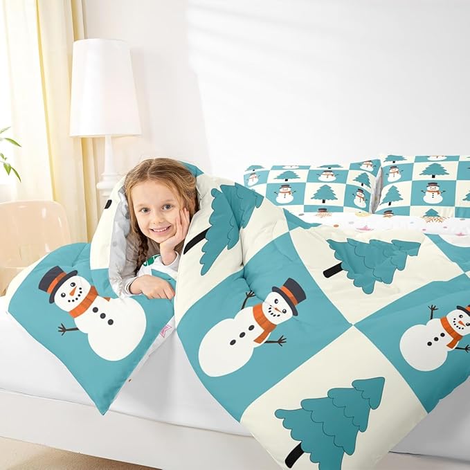 Feelyou Merry Christmas Comforter Set All Season Snowman Bedding Set with 1 Pillow Cases Xmas Tree Microfiber Kids Twin Bedclothes Bedroom Decor Duvet Quilt Breathable Soft Lightweight