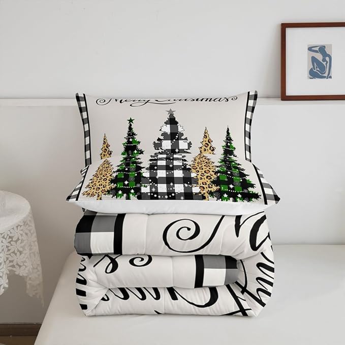 Merry Christmas Kids Comforter Set Full Size,Leopard Plaids Pines Trees Bedding,Girls Boys Adults Bedroom/Xmas Cabin Decor,Geometric Grids Retro Down Comforter,Rustic Duvet Insert,2 Pillowcases