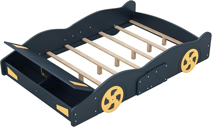 Harper & Bright Designs Full Size Race Car-Shaped Platform Bed with Wheels and Storage, Dark Blue+Yellow