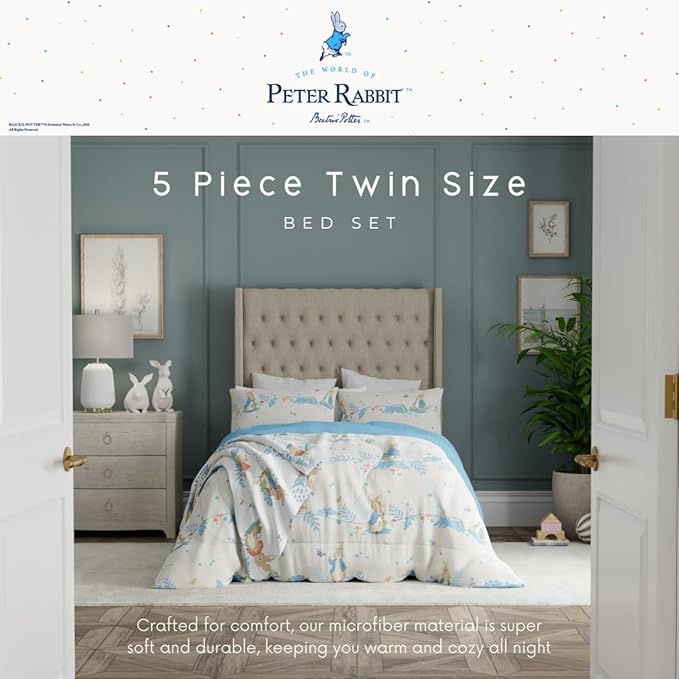 Franco Peter Rabbit Kids Bedding Super Soft & Cozy Reverisble Microfiber Comforter and Sheet Set with Sham, 5 Piece Twin Size, (Officially Licensed Product)