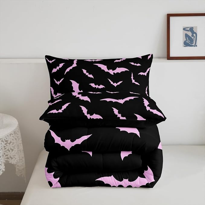 Erosebridal Halloween Bedding Set Queen Size for Kids Boys Youth Pink Bats Comforter Set Happy Holiday Gothic Quilt with 2 Pillow Cases Spooky Animal Bedding Comforter Sets